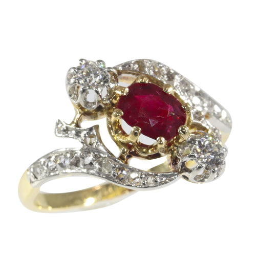 Bague 55 Bague de fiançailles Belle Époque en or jaune 18K, rubis et diamants 58 Facettes 22137-0266