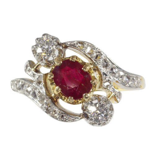 Bague 55 Bague de fiançailles Belle Époque en or jaune 18K, rubis et diamants 58 Facettes 22137-0266