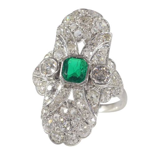 Bague 54 Bague Art déco de fiançailles en platine, diamants et émeraude 58 Facettes 22151-0121