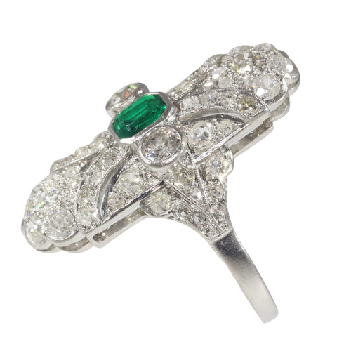 Bague 54 Bague Art déco de fiançailles en platine, diamants et émeraude 58 Facettes 22151-0121