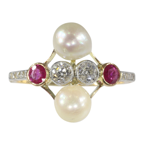 Bague 57 Bague Art déco vintage en or jaune 18 carats avec diamants, rubis et perles 58 Facettes 22298-0288