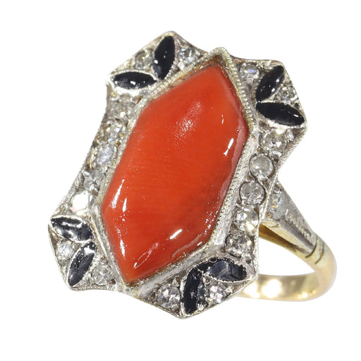 Bague 47 Bague Art déco vintage en or jaune 18K, diamants, corail et émail noir 58 Facettes 22236-0285