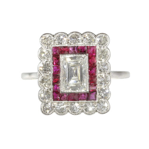 Bague 54 Bague Art déco - Bague en platine avec diamants et rubis 58 Facettes 23249-0100