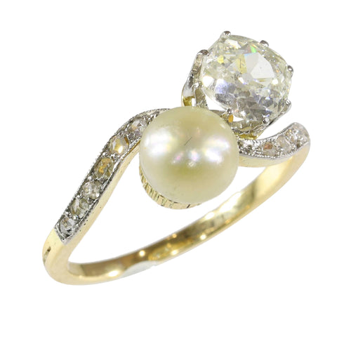 Bague 52 Bague Toi et Moi Belle Époque en or jaune 18K, platine, diamants et perle 58 Facettes 24029-0360