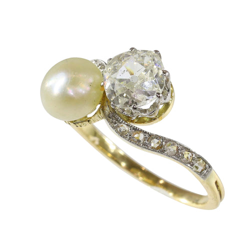 Bague 52 Bague Toi et Moi Belle Époque en or jaune 18K, platine, diamants et perle 58 Facettes 24029-0360