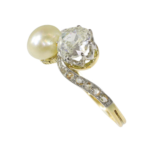 Bague 52 Bague Toi et Moi Belle Époque en or jaune 18K, platine, diamants et perle 58 Facettes 24029-0360
