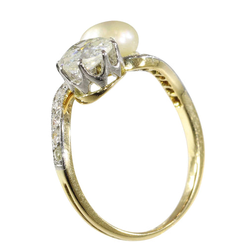 Bague 52 Bague Toi et Moi Belle Époque en or jaune 18K, platine, diamants et perle 58 Facettes 24029-0360