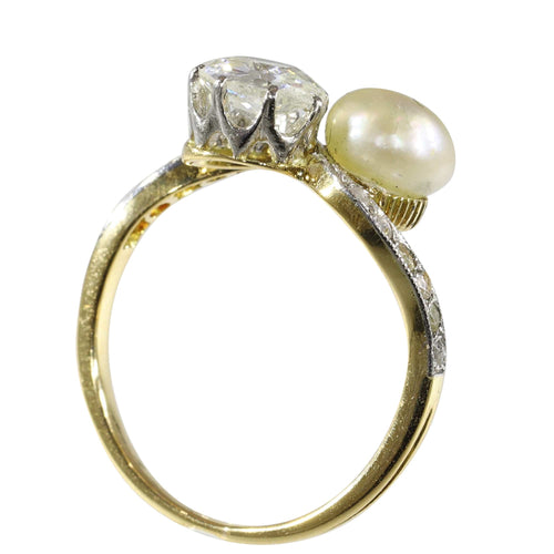 Bague 52 Bague Toi et Moi Belle Époque en or jaune 18K, platine, diamants et perle 58 Facettes 24029-0360