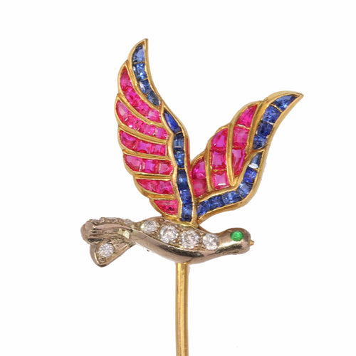 Broche Pince à cravate vintage Art déco - Oiseau en or 18K et pierres 58 Facettes 24204-0272