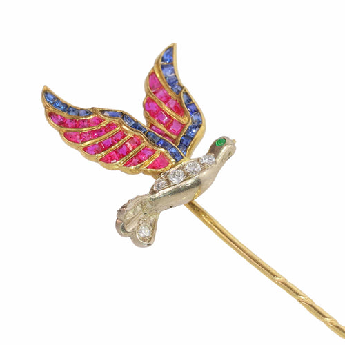 Broche Pince à cravate vintage Art déco - Oiseau en or 18K et pierres 58 Facettes 24204-0272