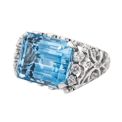Bague 51 Bague en or blanc 18 carats avec aigue-marine et diamants 58 Facettes 3411144CN