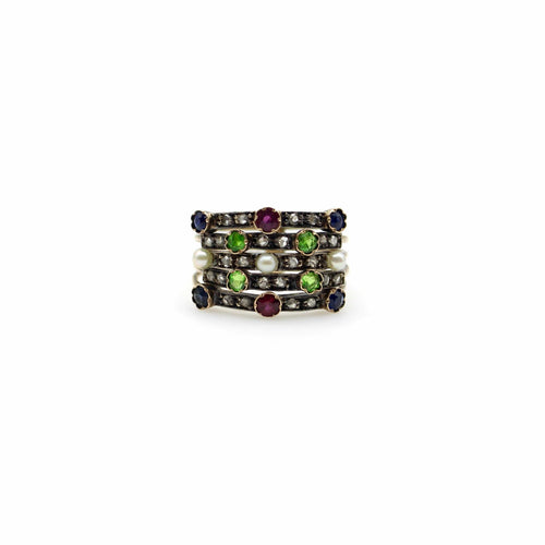 Bague Bague harem édouardienne en or 14K avec diamants, rubis, saphirs, grenats et perles 58 Facettes