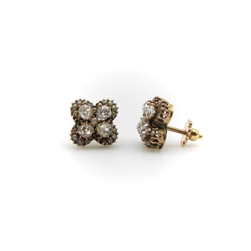 Boucles d'oreilles Boucles d’oreilles victoriennes - Quatrefoil en or 14k avec diamants et perles 58 Facettes