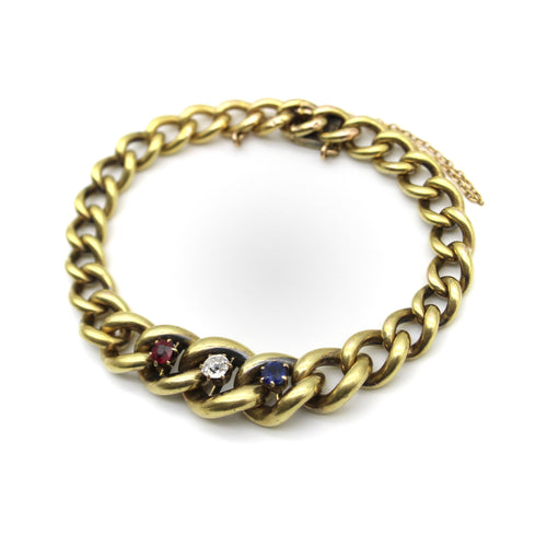 Bracelet Bracelet édouardien à mailles gourmette graduées en or 14K avec diamants, rubis et saphir 58 Facettes