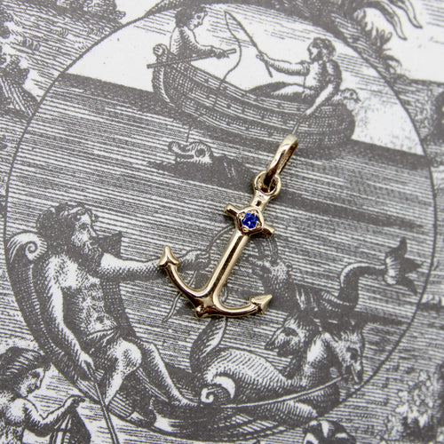 Pendentif Signature - Pendentif ancre en or jaune 14k et saphir bleu 58 Facettes A20010