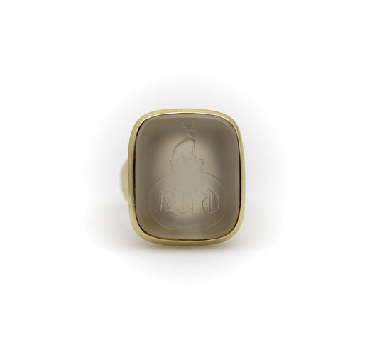 Bague 57 Époque victorienne - Bague chevalière intaille blason cerf en or 14K et quartz 58 Facettes A2001E