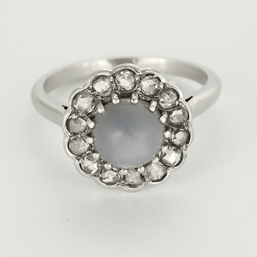 Bague 49.5 Bague marguerite en or blanc, saphir étoilé 2,20 ct et diamants 58 Facettes DINA0039