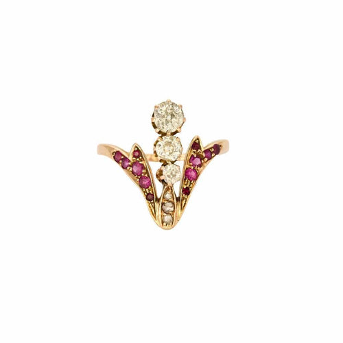 Bague 51 Bague aigrette en or jaune 14K avec diamants et rubis 58 Facettes LAV1715