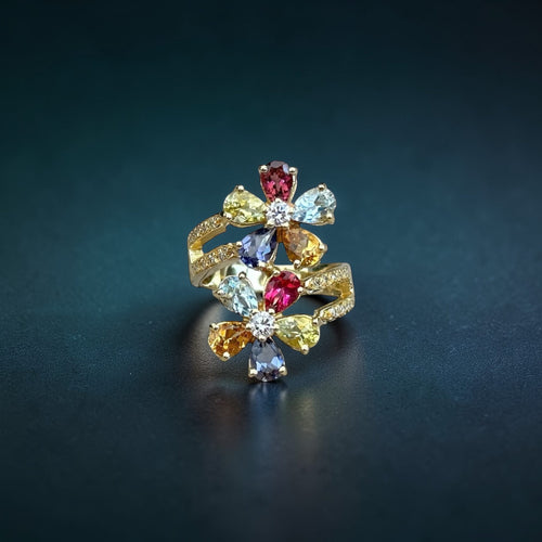 Bague 59 Bague florale en or jaune 18 carats, diamants et pierres fines multicolores 58 Facettes 237