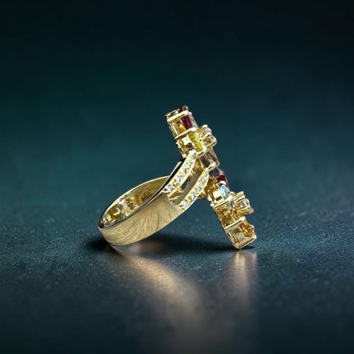 Bague 59 Bague florale en or jaune 18 carats, diamants et pierres fines multicolores 58 Facettes 237