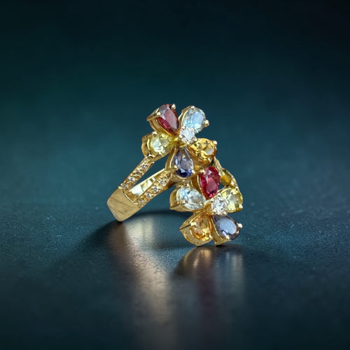 Bague 59 Bague florale en or jaune 18 carats, diamants et pierres fines multicolores 58 Facettes 237