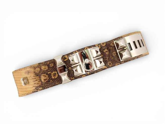 Bracelet Hermès Médor Collier de Chien - Bracelet en cuir de lézard niloticus argenté 58 Facettes 272558