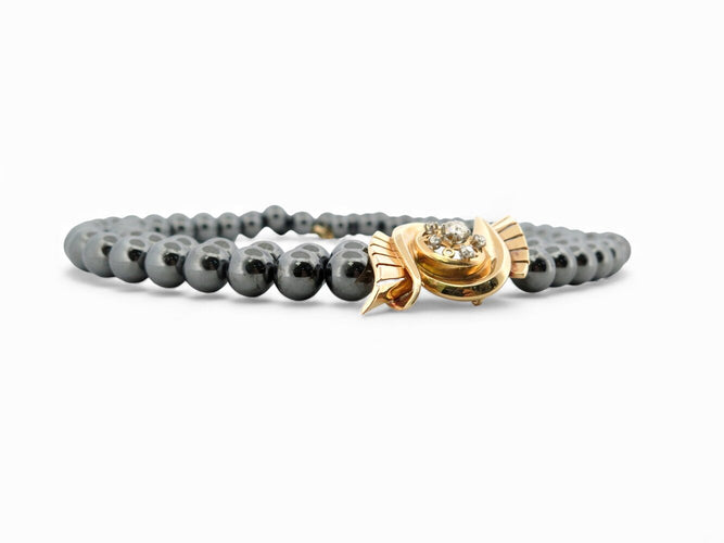 collar de dos hileras con perlas de hematites negras, oro amarillo de 18k y diamantes de 0,67ct 