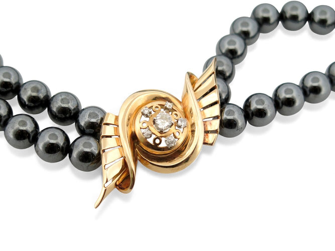 collar de dos hileras con perlas de hematites negras, oro amarillo de 18k y diamantes de 0,67ct 
