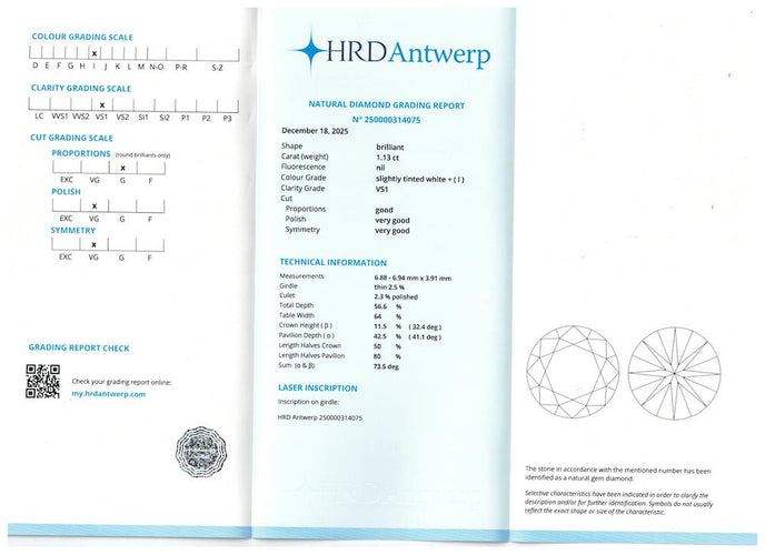 Bague 57 Solitaire Diamant – Or Gris 18k – Diamant 1,13 ct I-VS1 – Certificat HRD – Taille 57/58 58 Facettes FB11187