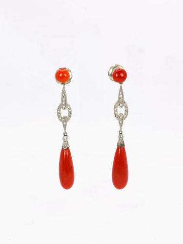 Boucles d'oreilles Boucles d'oreilles pendantes Art Deco corail rouge diamants taille rose 58 Facettes 1087.19
