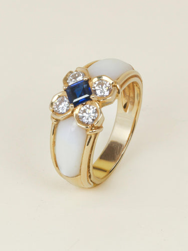Bague 59 Bague trèfle en or jaune 18 carats, saphir, diamants et nacre 58 Facettes 1204.2