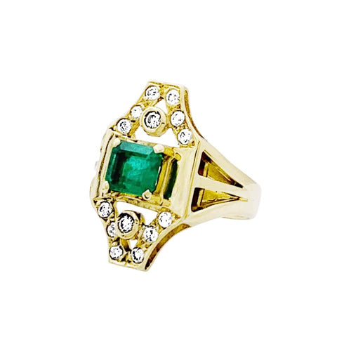 Bague 55 Bague géométrique en or jaune 750 avec émeraude et diamants 58 Facettes 35220