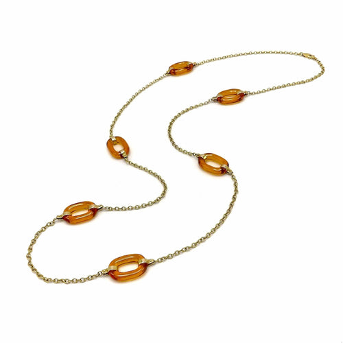 Collier Collier à maillons ovales en or jaune 14K et verre ambre sculpté 58 Facettes 10027