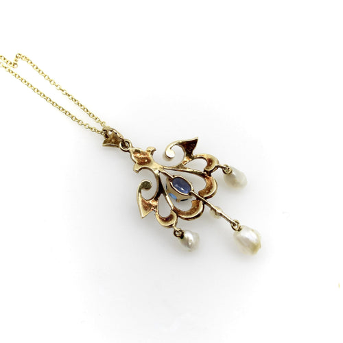 Pendentif Époque édouardienne - Pendentif en or 14k saphir et perles de semence 58 Facettes A2005T