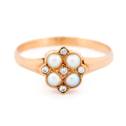 Bague 52 Bague trèfle en or jaune 14k, perles et diamants 58 Facettes 547DEA17EBD34E9DB94B84F41EF78066
