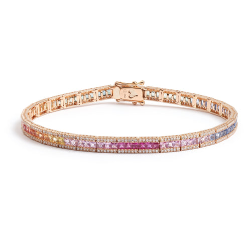 Bracelet Bracelet tennis en or rose 18 carats, saphirs arc-en-ciel et diamants 58 Facettes BRA92