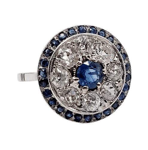 Bague 51 Bague cible Art déco en platine 900, saphir et diamants taille ancienne 58 Facettes A06489