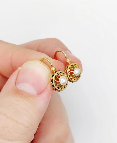 Boucles d'oreilles Dormeuses fleurs antiques en or 18 ct et perles (circa 1900) 58 Facettes A06493