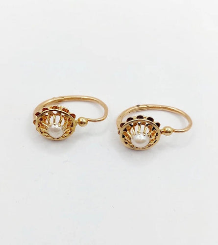 Boucles d'oreilles Dormeuses fleurs antiques en or 18 ct et perles (circa 1900) 58 Facettes A06493