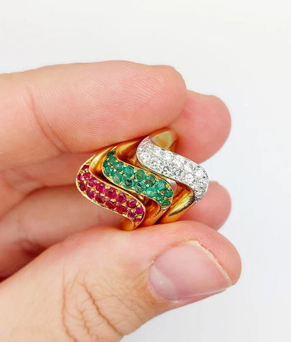 Bague 49 Trilogie - Bagues jonc vintage en or 18k avec diamants, émeraude et rubis 58 Facettes A04056-7-8