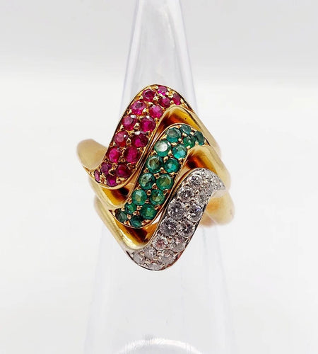 Bague 49 Trilogie - Bagues jonc vintage en or 18k avec diamants, émeraude et rubis 58 Facettes A04056-7-8