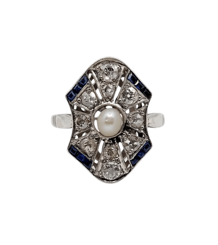 Bague 55 Art déco - Bague marquise en platine avec perle, diamants et saphirs 58 Facettes A06226