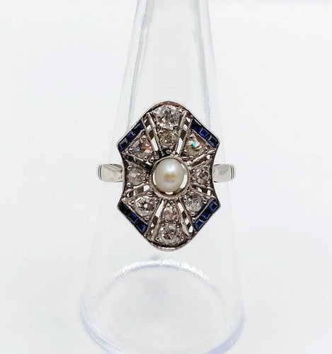 Bague 55 Art déco - Bague marquise en platine avec perle, diamants et saphirs 58 Facettes A06226