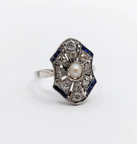 Bague 55 Art déco - Bague marquise en platine avec perle, diamants et saphirs 58 Facettes A06226