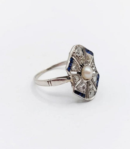 Bague 55 Art déco - Bague marquise en platine avec perle, diamants et saphirs 58 Facettes A06226
