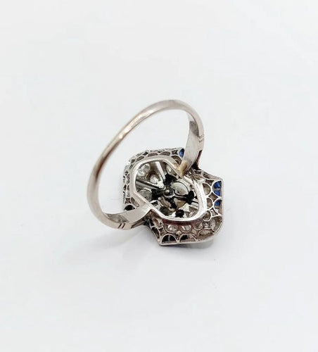 Bague 55 Art déco - Bague marquise en platine avec perle, diamants et saphirs 58 Facettes A06226