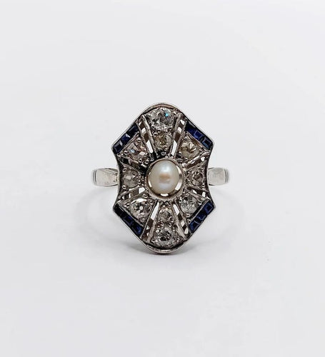 Bague 55 Art déco - Bague marquise en platine avec perle, diamants et saphirs 58 Facettes A06226