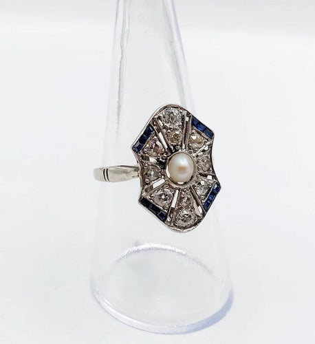 Bague 55 Art déco - Bague marquise en platine avec perle, diamants et saphirs 58 Facettes A06226