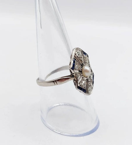 Bague 55 Art déco - Bague marquise en platine avec perle, diamants et saphirs 58 Facettes A06226