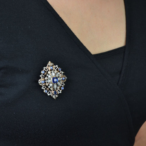 Pendentif Bijou ancien - Broche/Pendentif transformable en or jaune et argent, saphirs et diamants 58 Facettes 22-062